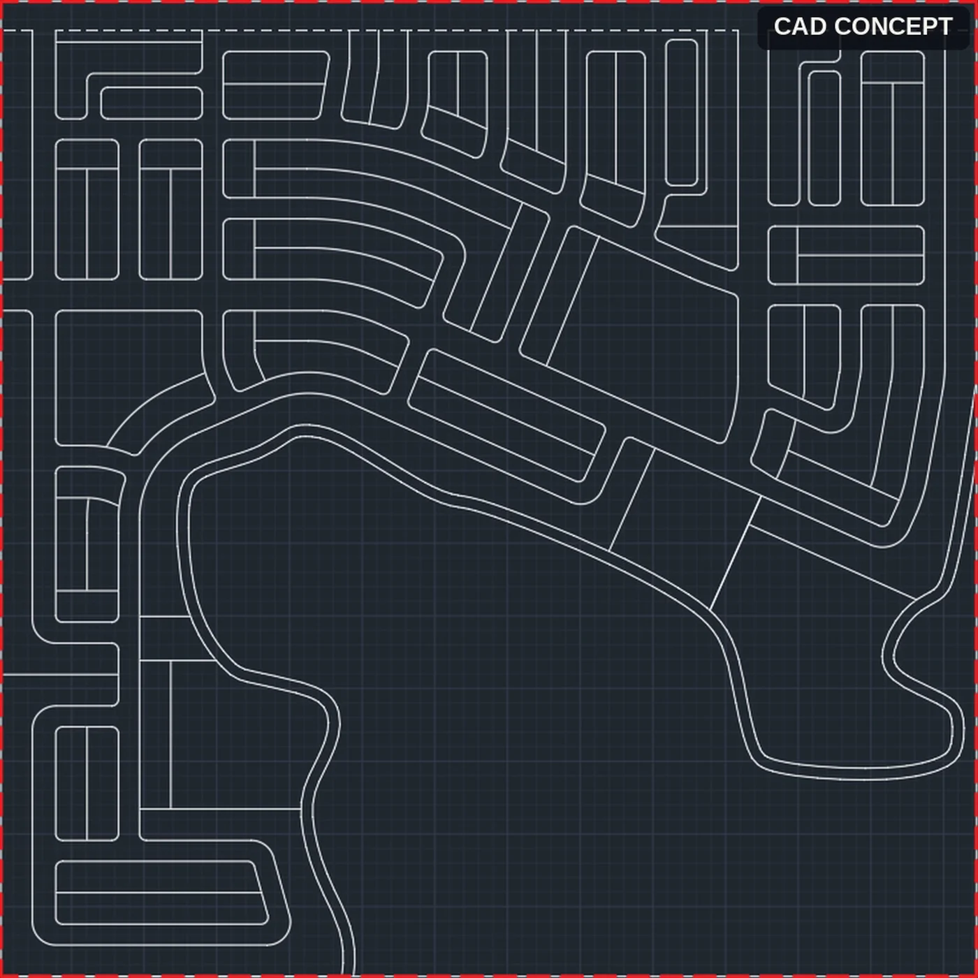 A concept plan as CAD linework: block outlines and roads, with no unit counts.