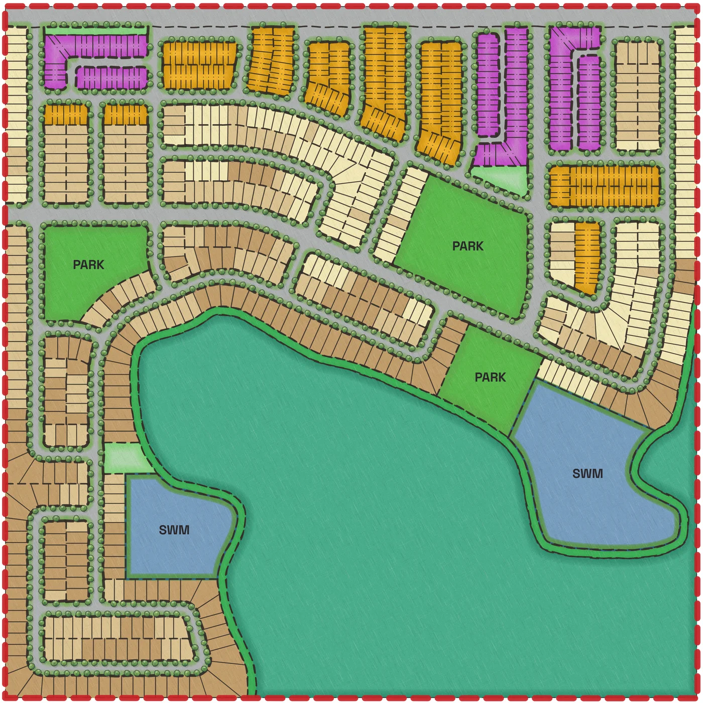 The same concept with every lot line drawn, rendered by product.