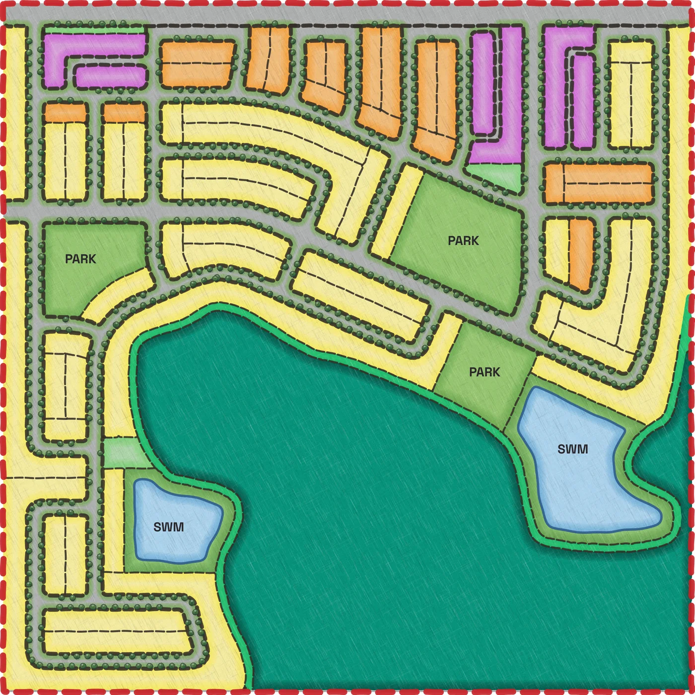 The same concept as a rendered plan, with blocks coloured by product type.