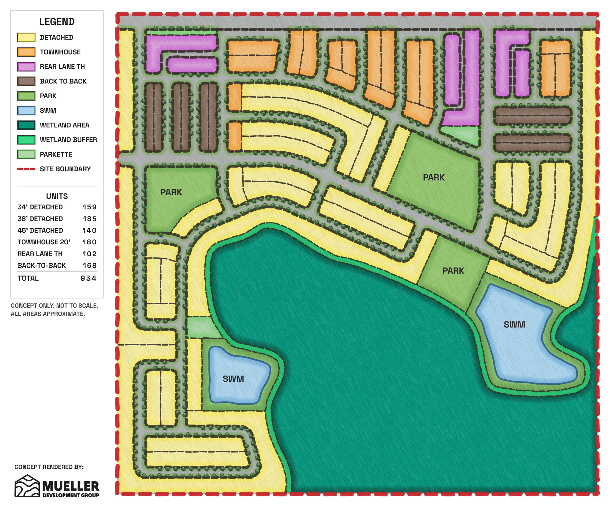Rendered plan of Concept C, with back-to-back townhouse blocks added.