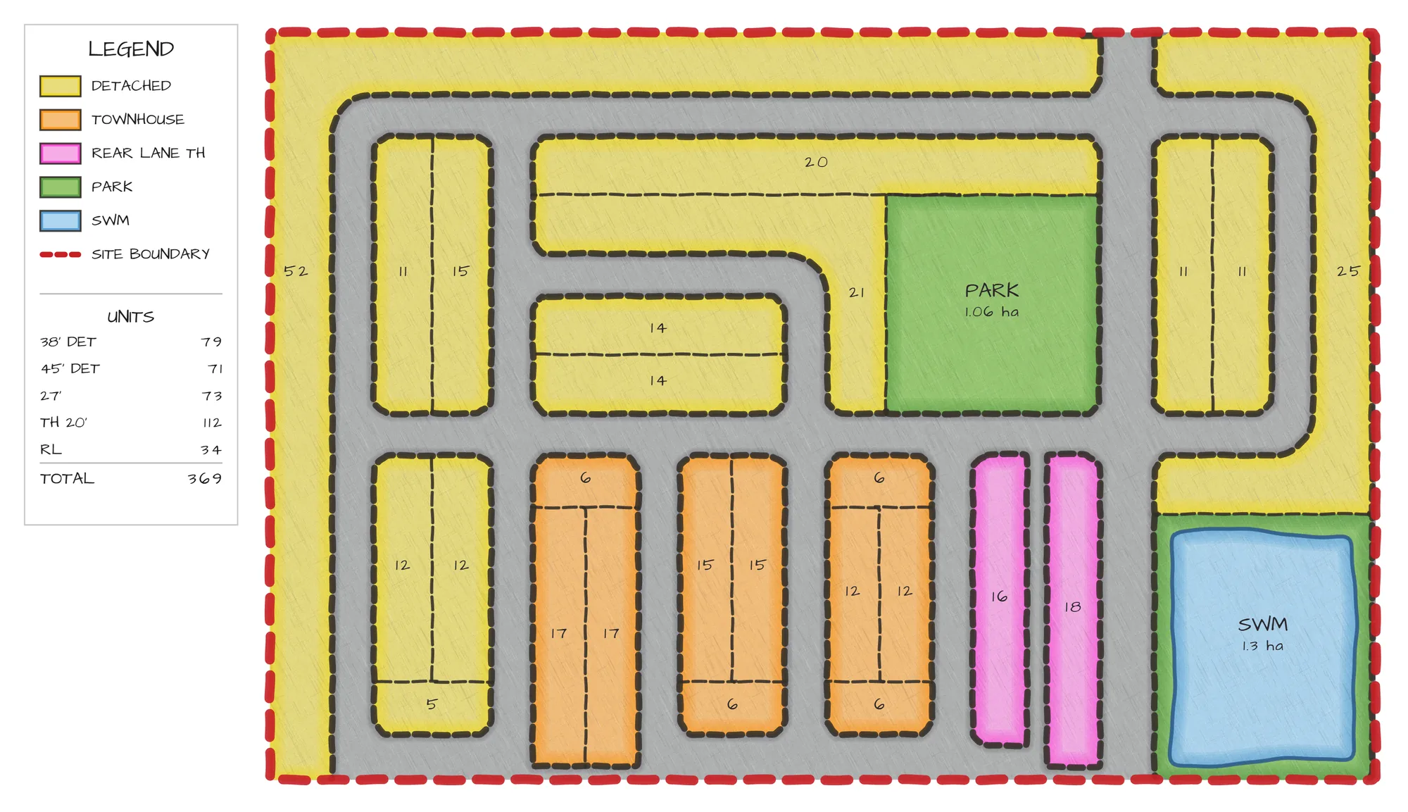 A rendered plan of a smaller site with unit counts written on every block and totalled in the legend: 369 units.